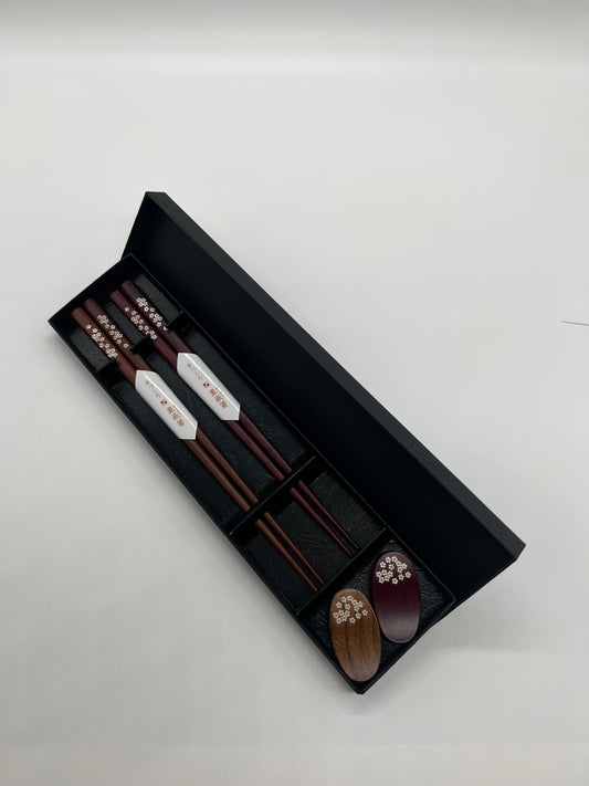 TBW-2  Two sets of chopsticks and chopstick rest with inlay work